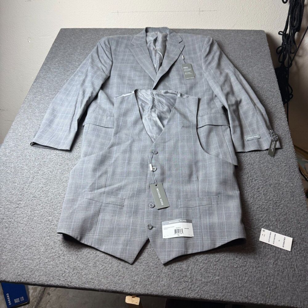 Michael Kors Mens Airsoft Stretch Wool Blend Blazer+Vest Grey/Blue 44R KrisKacey